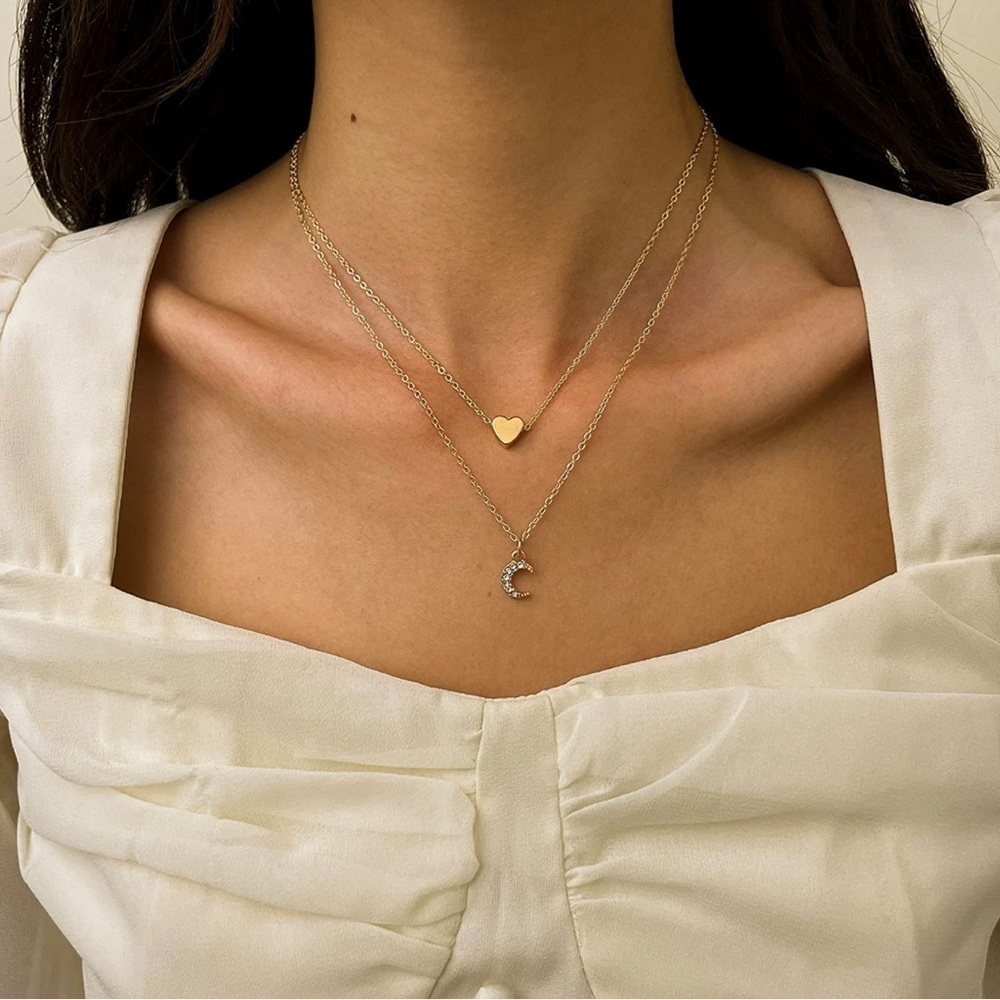 Gold 14k Gold Plated Heart & Moon CZ Layered Necklace